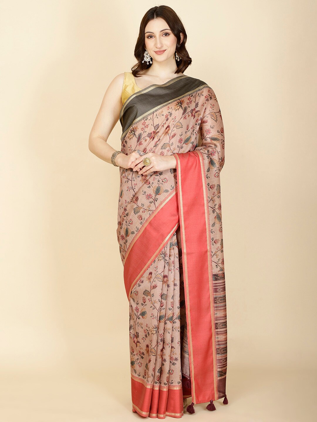 

Meena Bazaar Floral Printed Saree, Peach