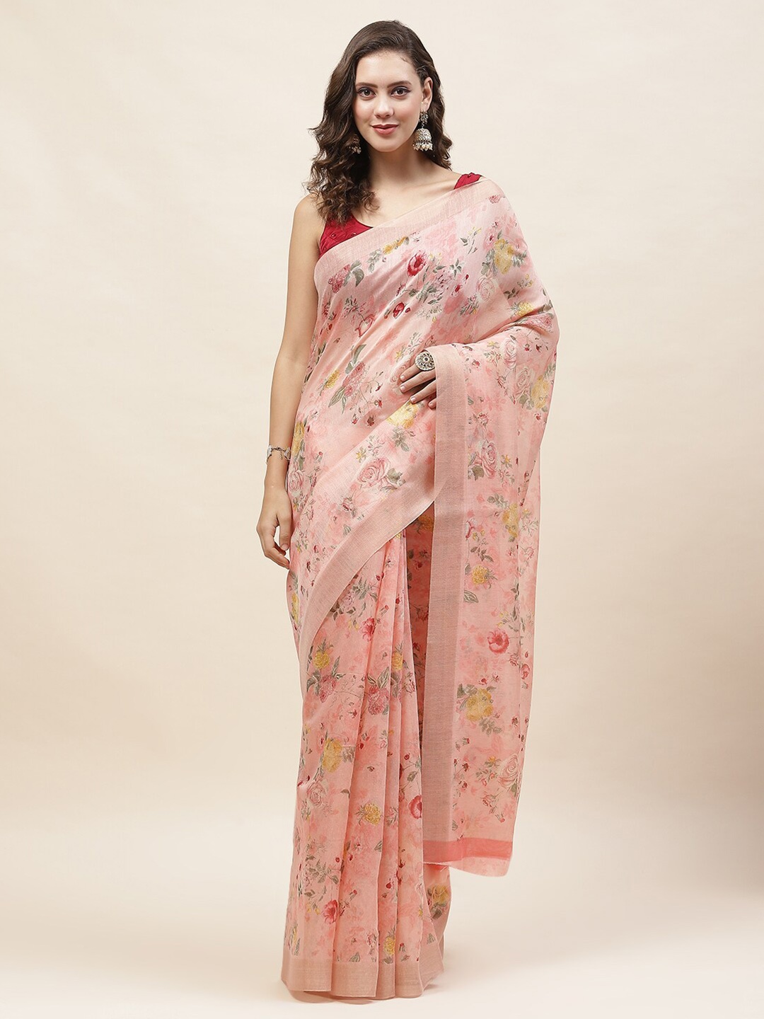 

Meena Bazaar Floral Printed Saree, Peach