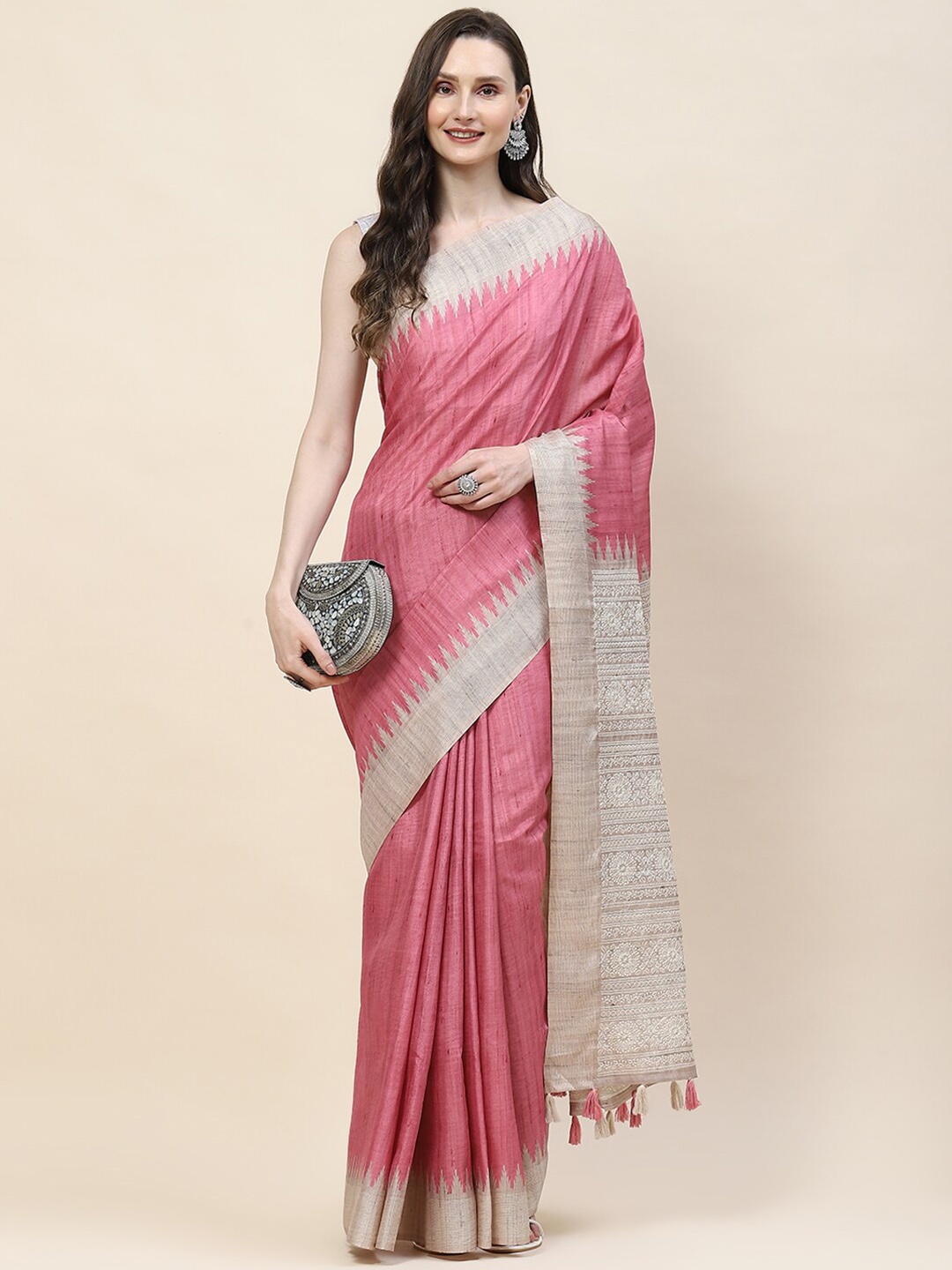 

Meena Bazaar Striped Art Silk Tussar Saree, Pink