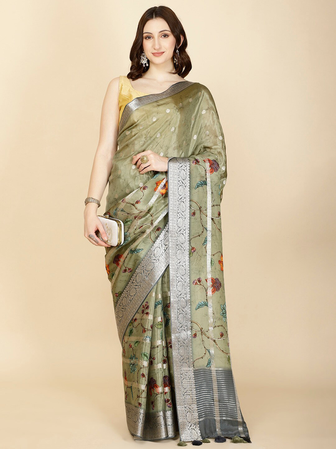 

Meena Bazaar Floral Printed Zari Saree, Green