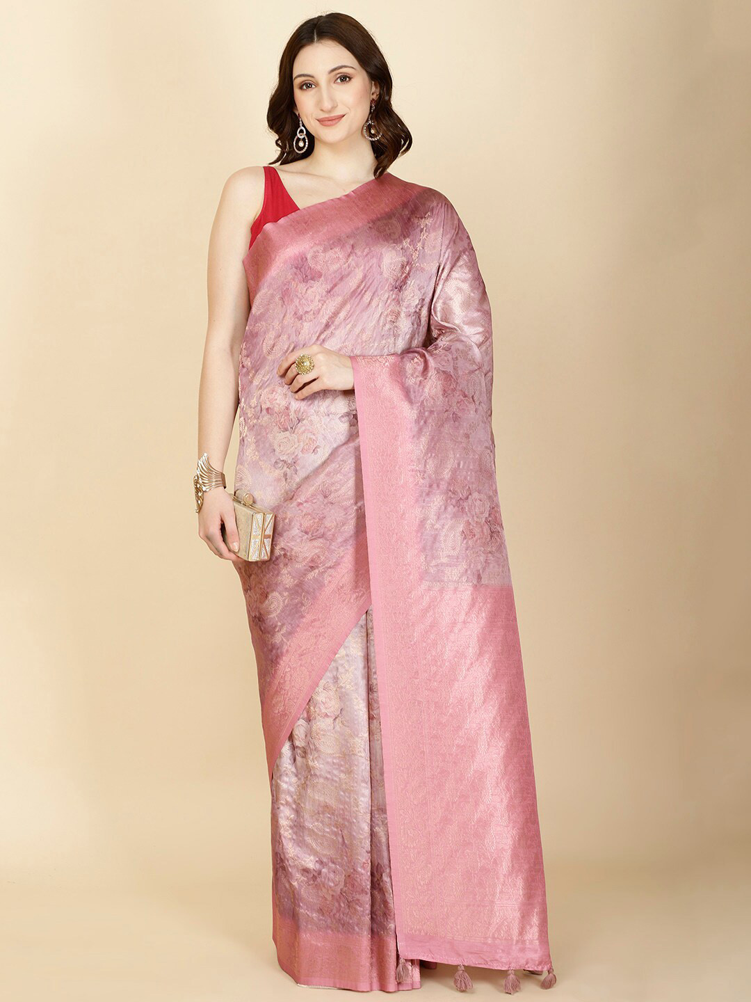 

Meena Bazaar Ethnic Motifs Woven Design Zari Art Silk Saree, Pink