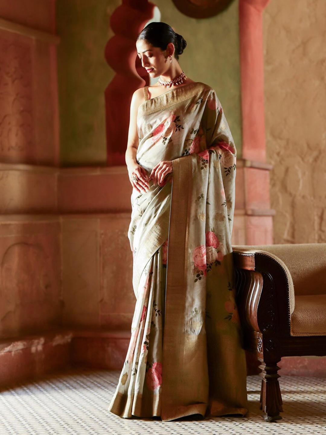 

Meena Bazaar Floral Printed Zari Art Silk Saree, Green