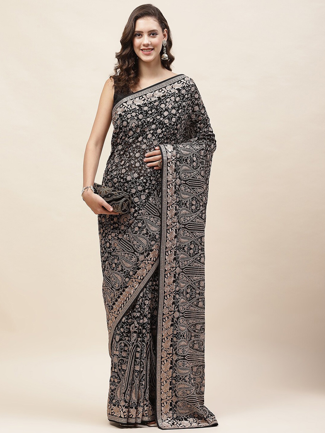 

Meena Bazaar Floral Embroidered Saree, Black