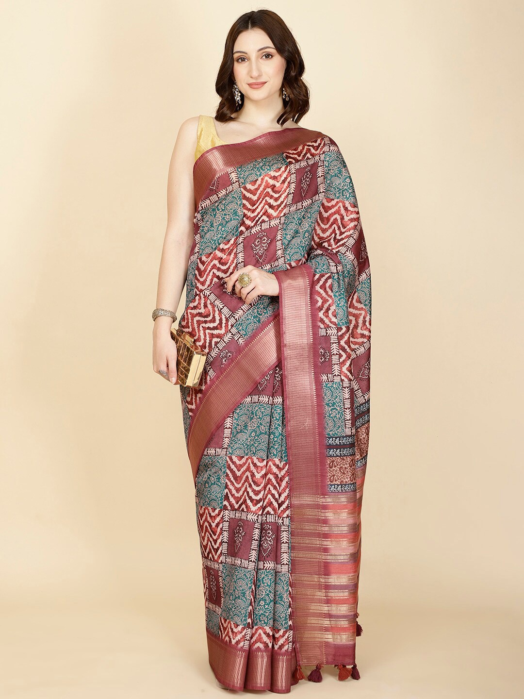 

Meena Bazaar Floral Printed Woven Design Zari Art Silk Saree, Maroon