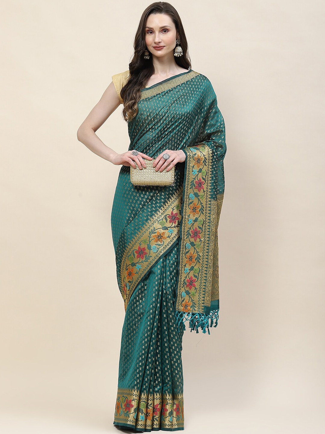 

Meena Bazaar Ethnic Motifs Woven Design Saree, Teal