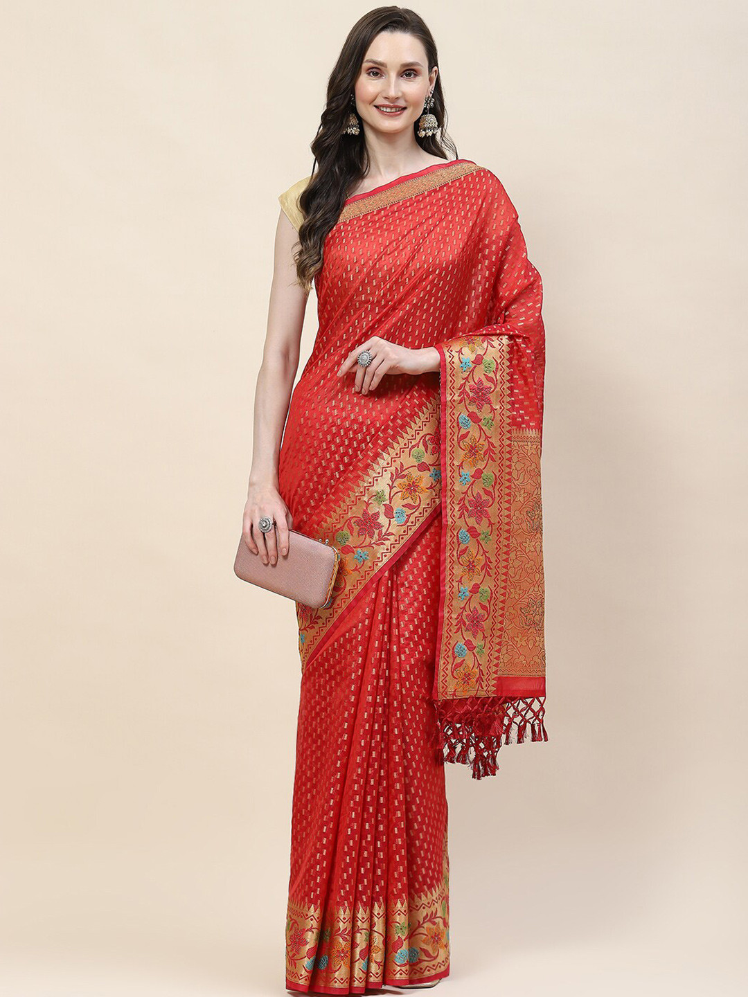 

Meena Bazaar Ethnic Motifs Woven Design Zari Saree, Red