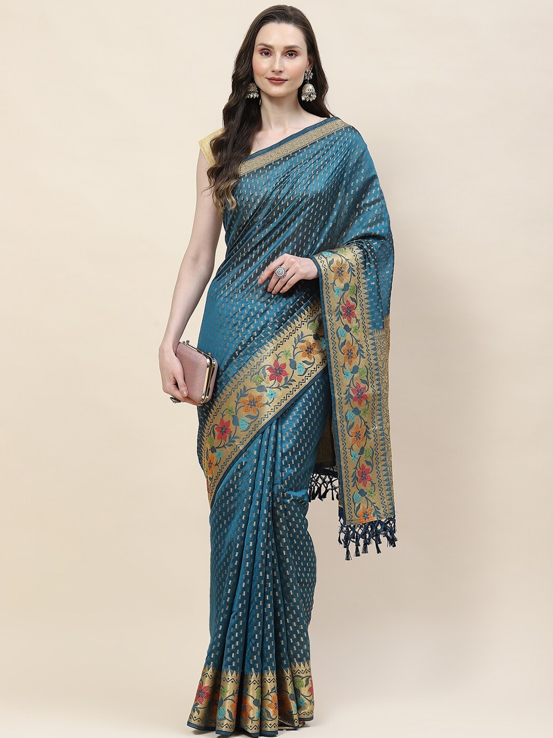 

Meena Bazaar Floral Woven Design Zari Saree, Blue