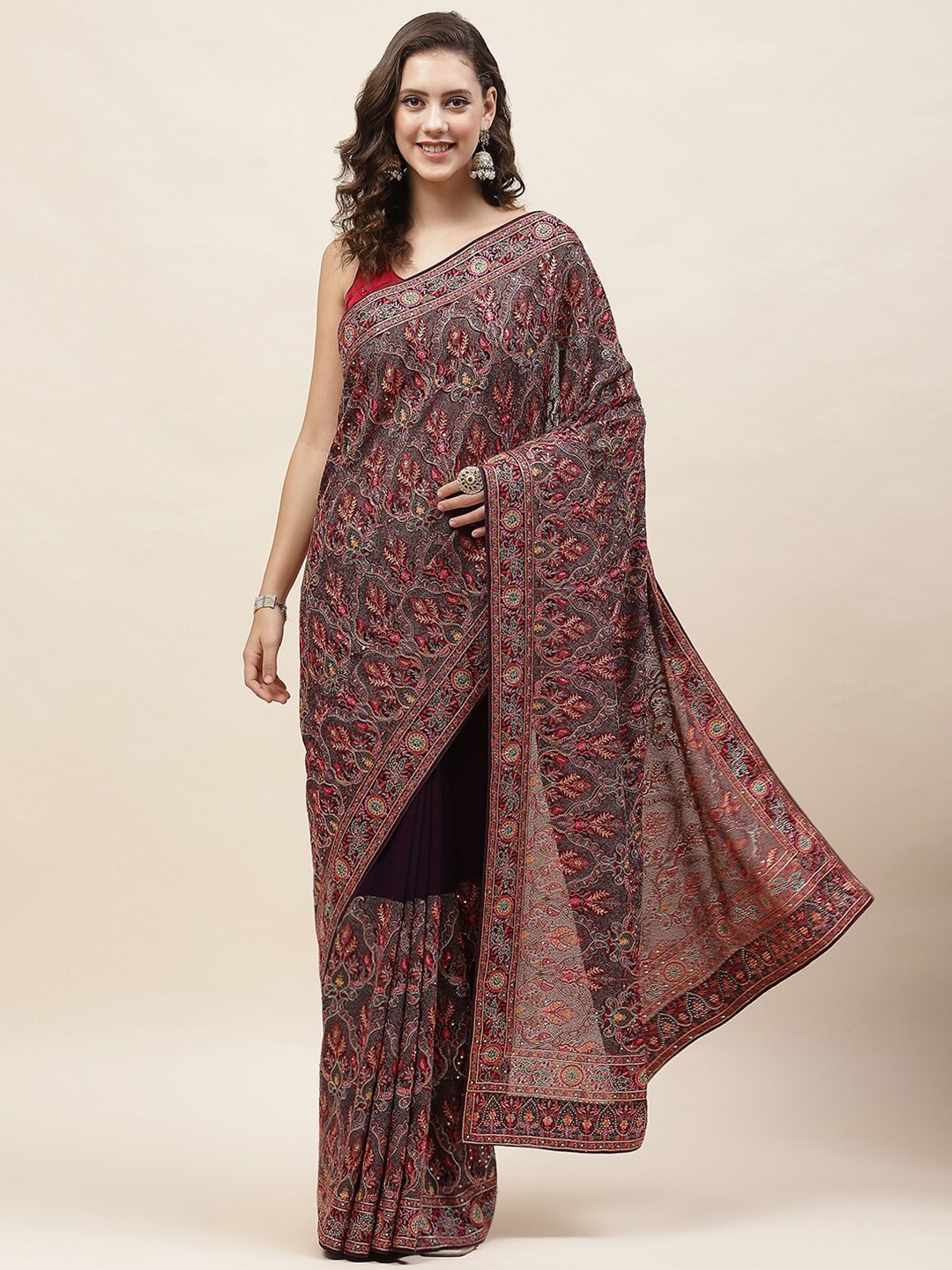 

Meena Bazaar Floral Embroidered Sequinned Saree, Burgundy