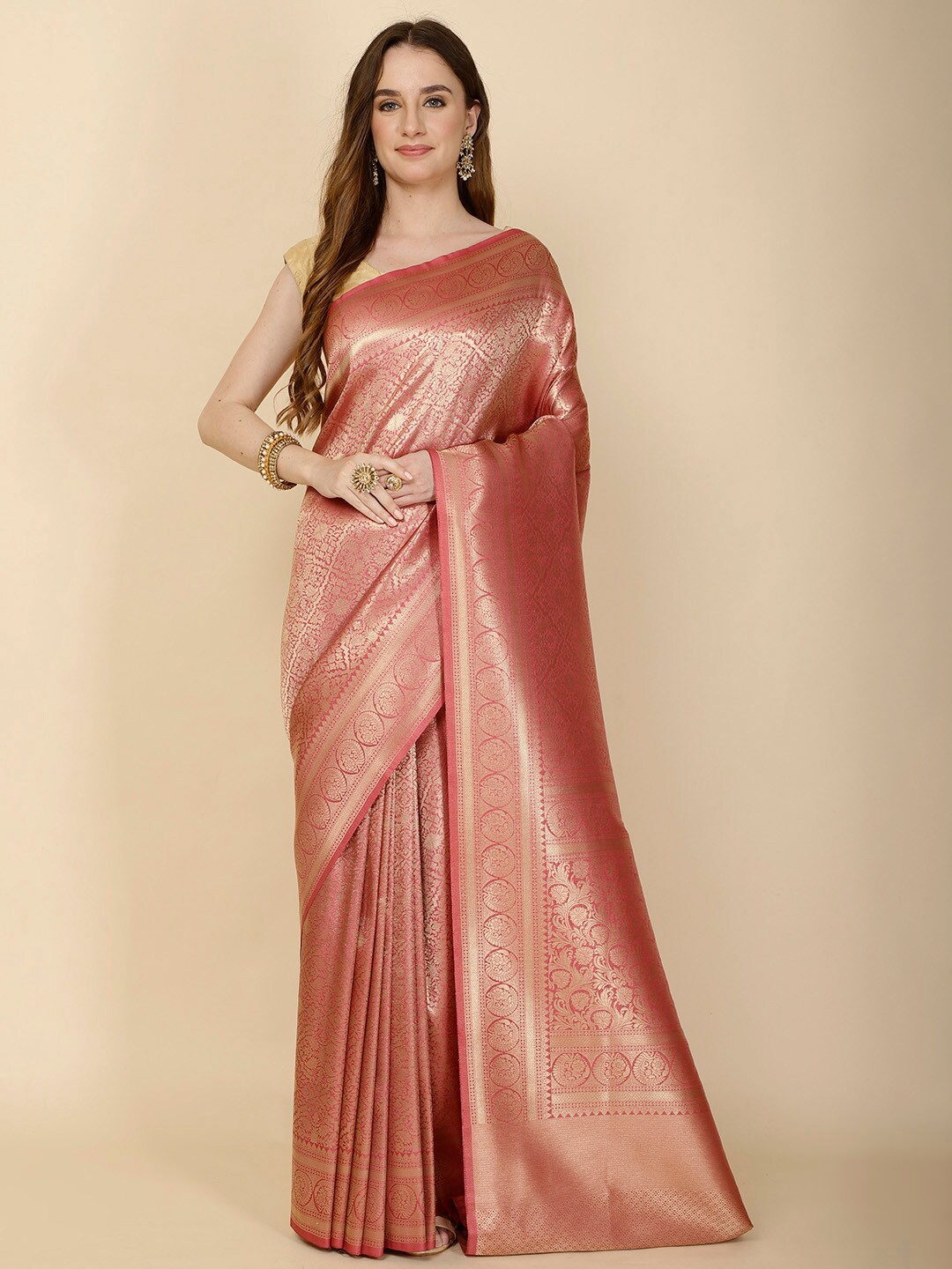 

Meena Bazaar Ethnic Motifs Woven Design Zari Banarasi Saree, Rust