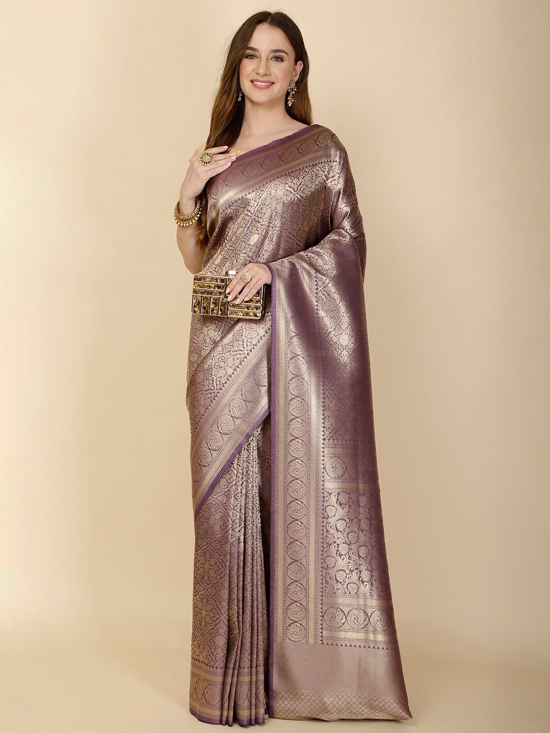 

Meena Bazaar Ethnic Motifs Woven Design Zari Banarasi Saree, Purple