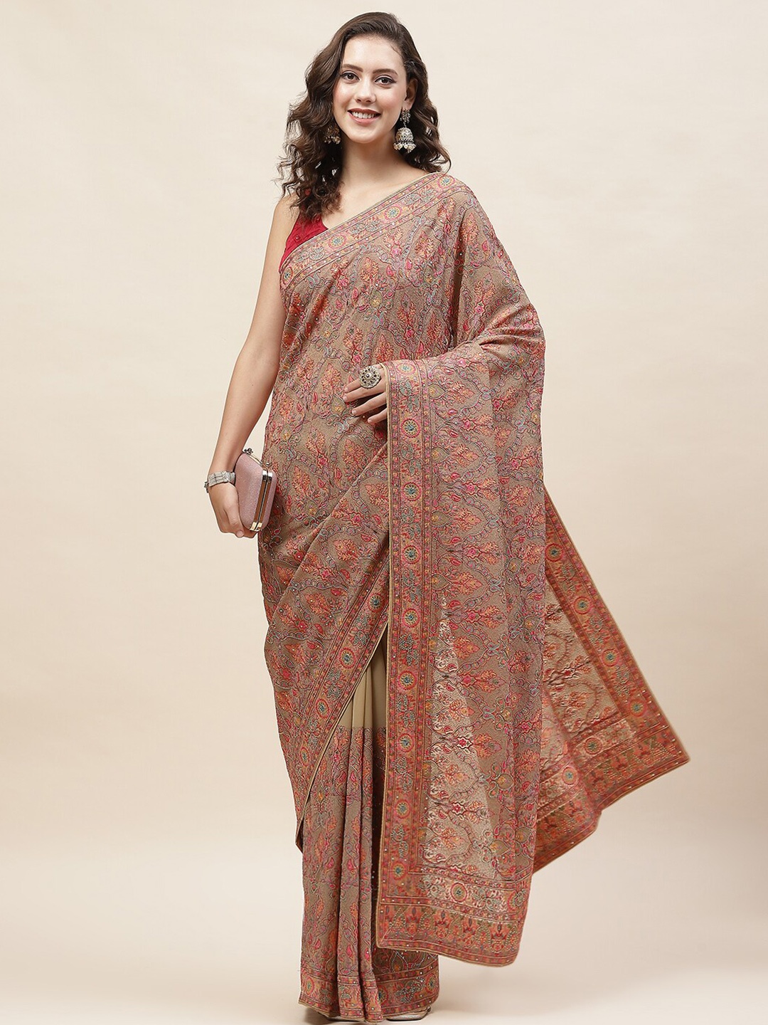 

Meena Bazaar Floral Woven Design Zari Saree, Beige