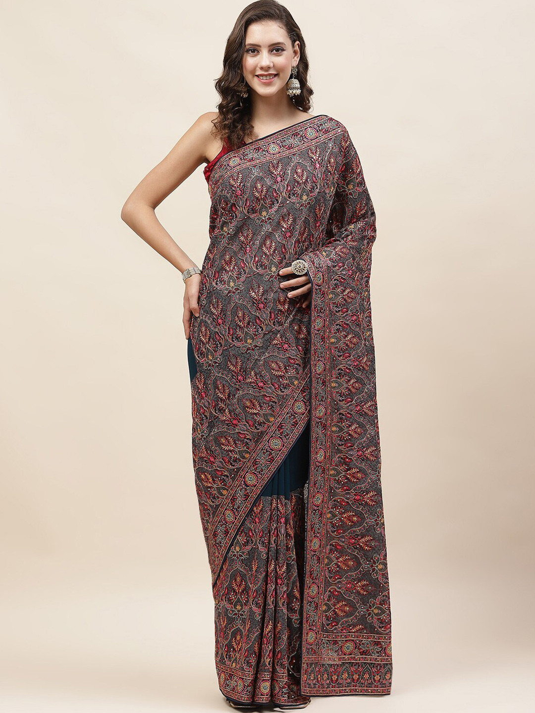 

Meena Bazaar Floral Embroidered Beads And Stones Embellished Saree, Blue