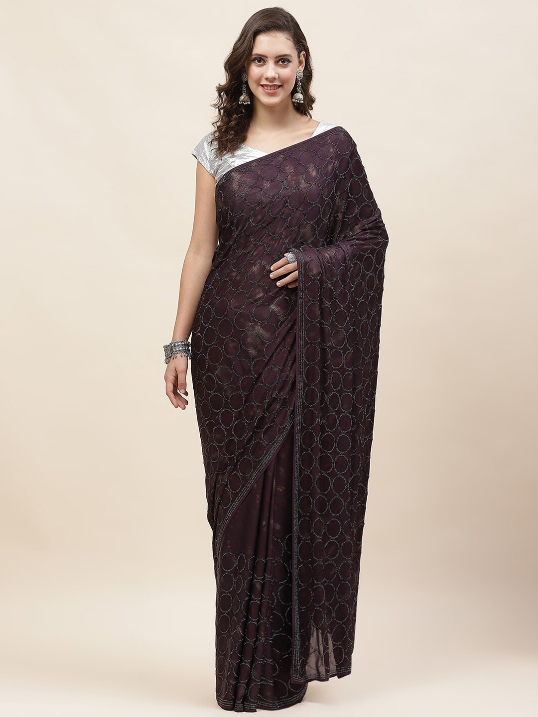 

Meena Bazaar Embellished Beads and Stones Satin Saree, Purple