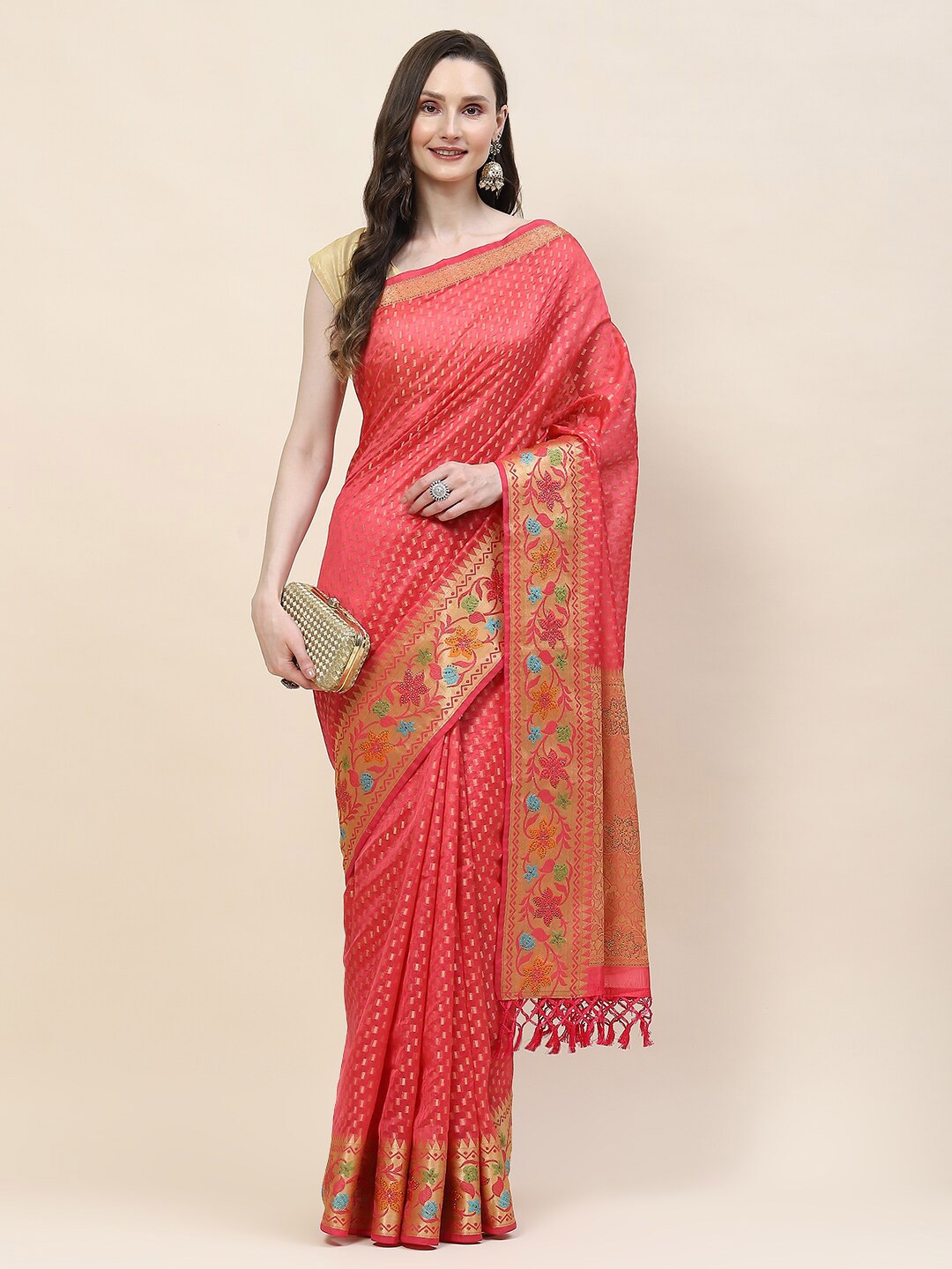 

Meena Bazaar Floral Woven Design Zari Saree, Pink