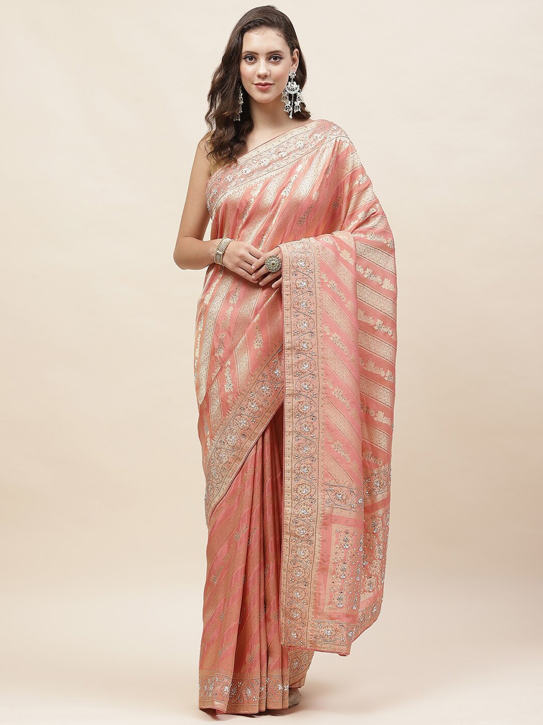

Meena Bazaar Ethnic Motifs Woven Design Zari Tissue Banarasi Saree, Peach