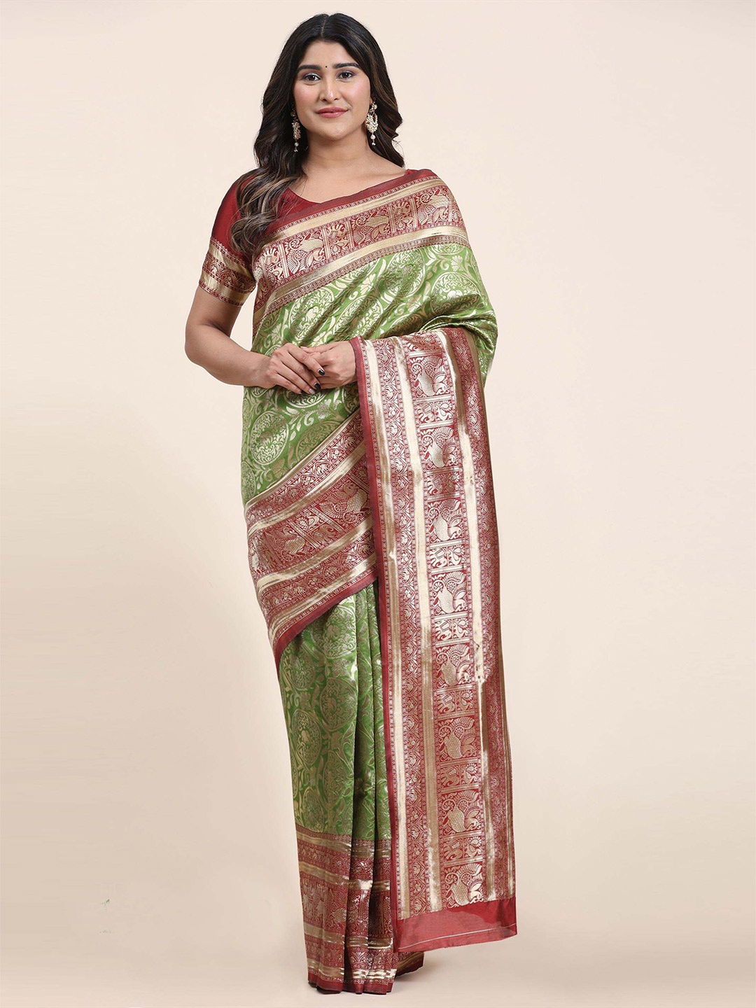 

Meena Bazaar Ethnic Motif Woven Art Silk Saree, Green