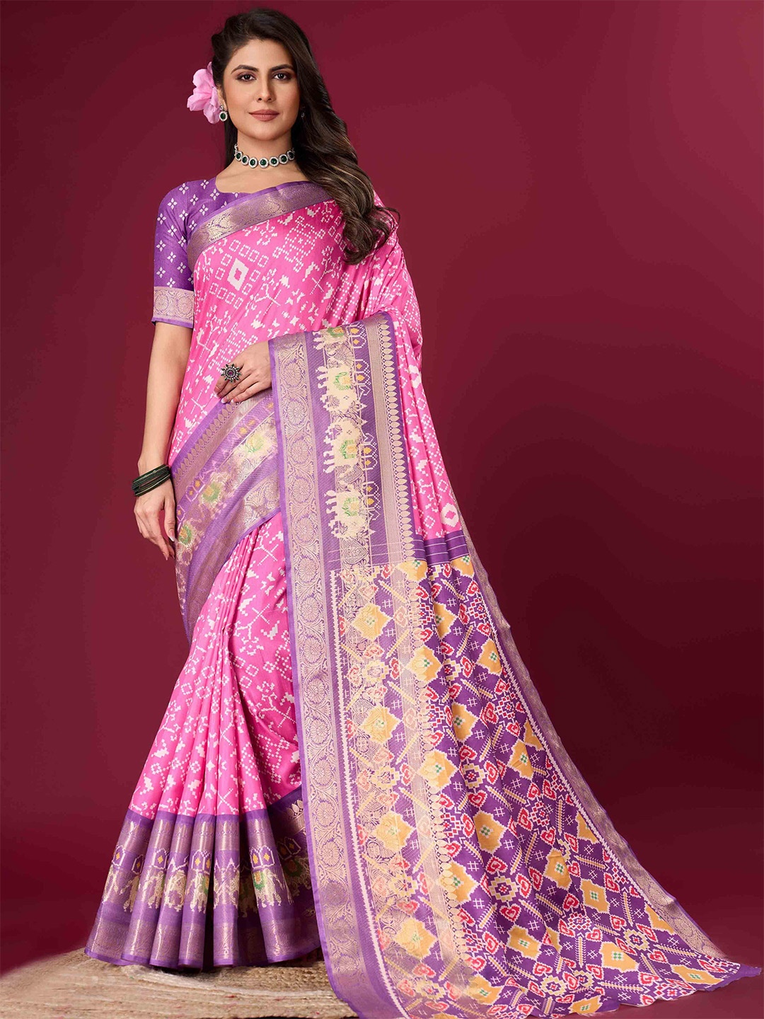 

Meena Bazaar Patola Printed Art Silk Saree, Pink