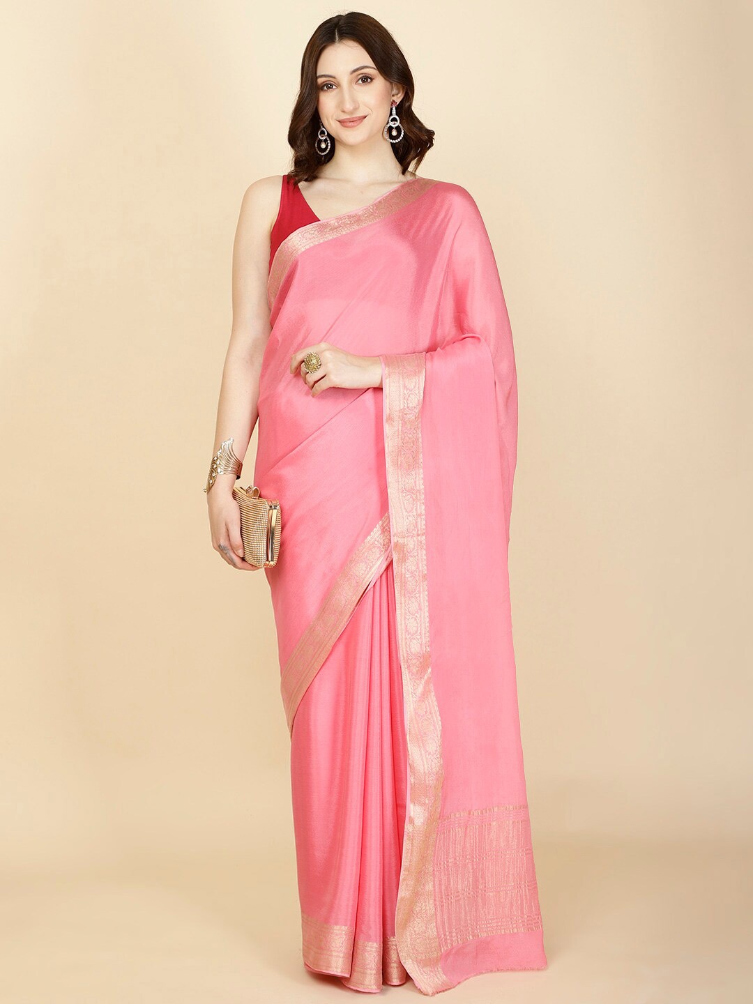 

Meena Bazaar Zari Poly Crepe Saree, Pink