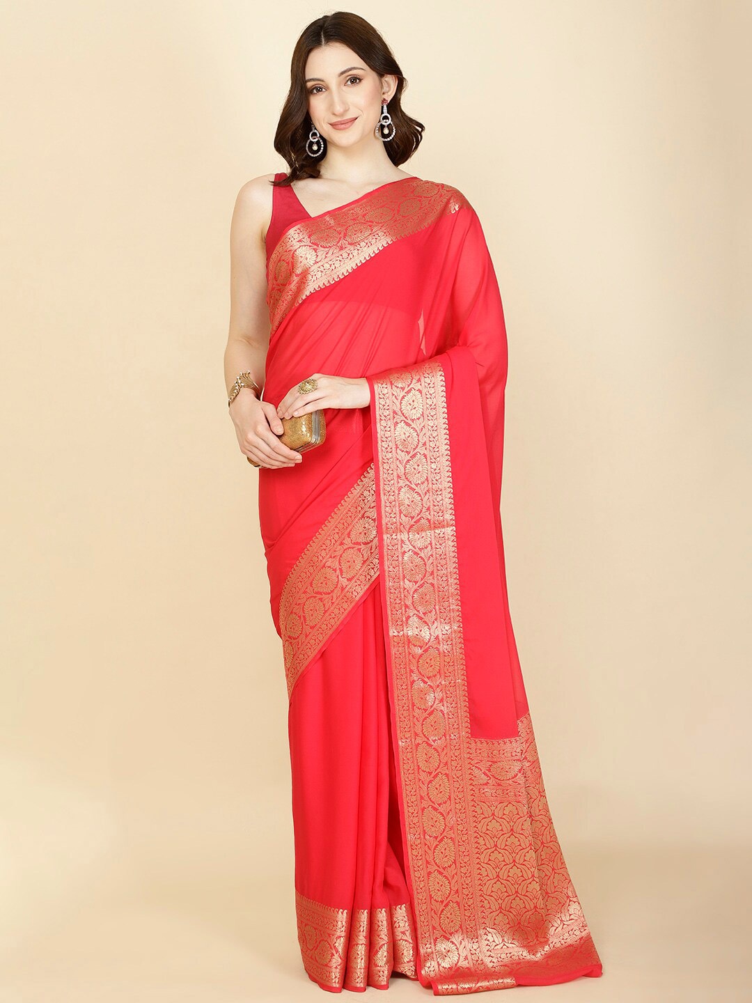 

Meena Bazaar Zari Poly Georgette Saree, Red