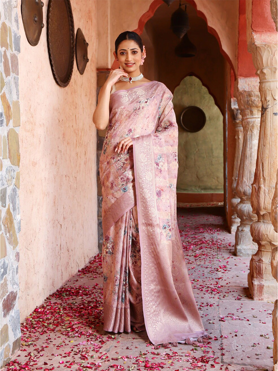 

Meena Bazaar Floral Printed Saree, Pink