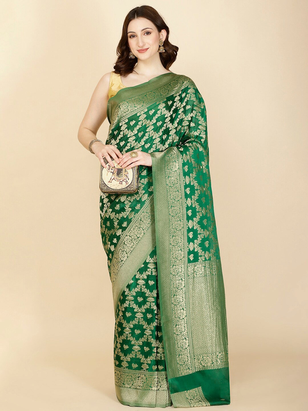 

Meena Bazaar Ethnic Motifs Woven Design Zari Saree, Green