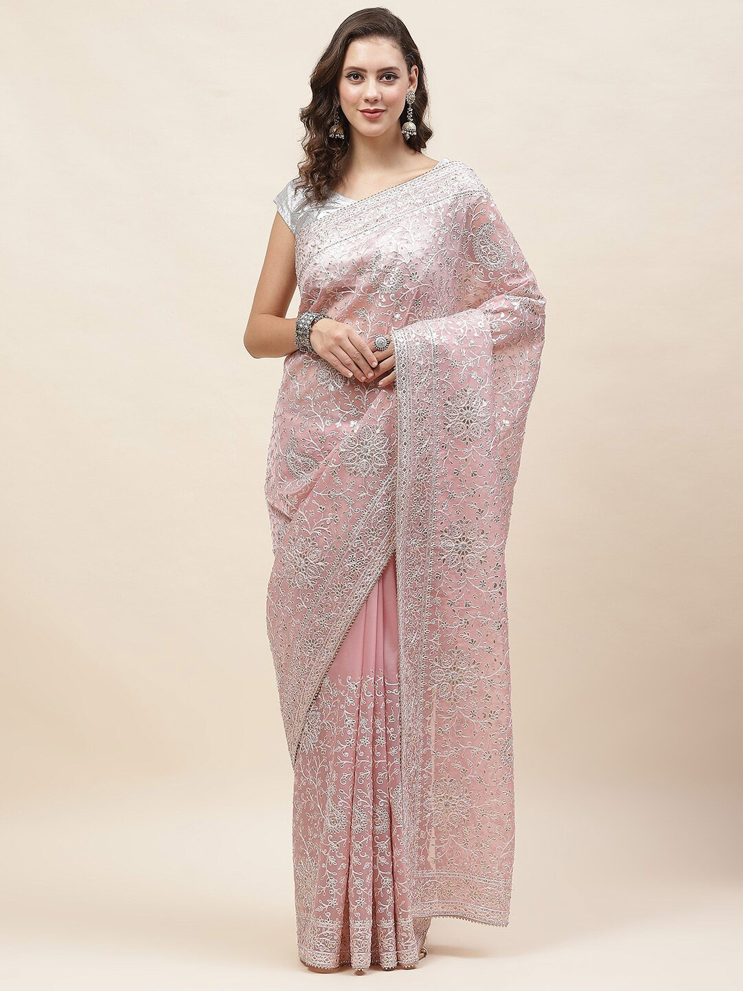 

Meena Bazaar Paisley Embroidered Organza Saree, Pink