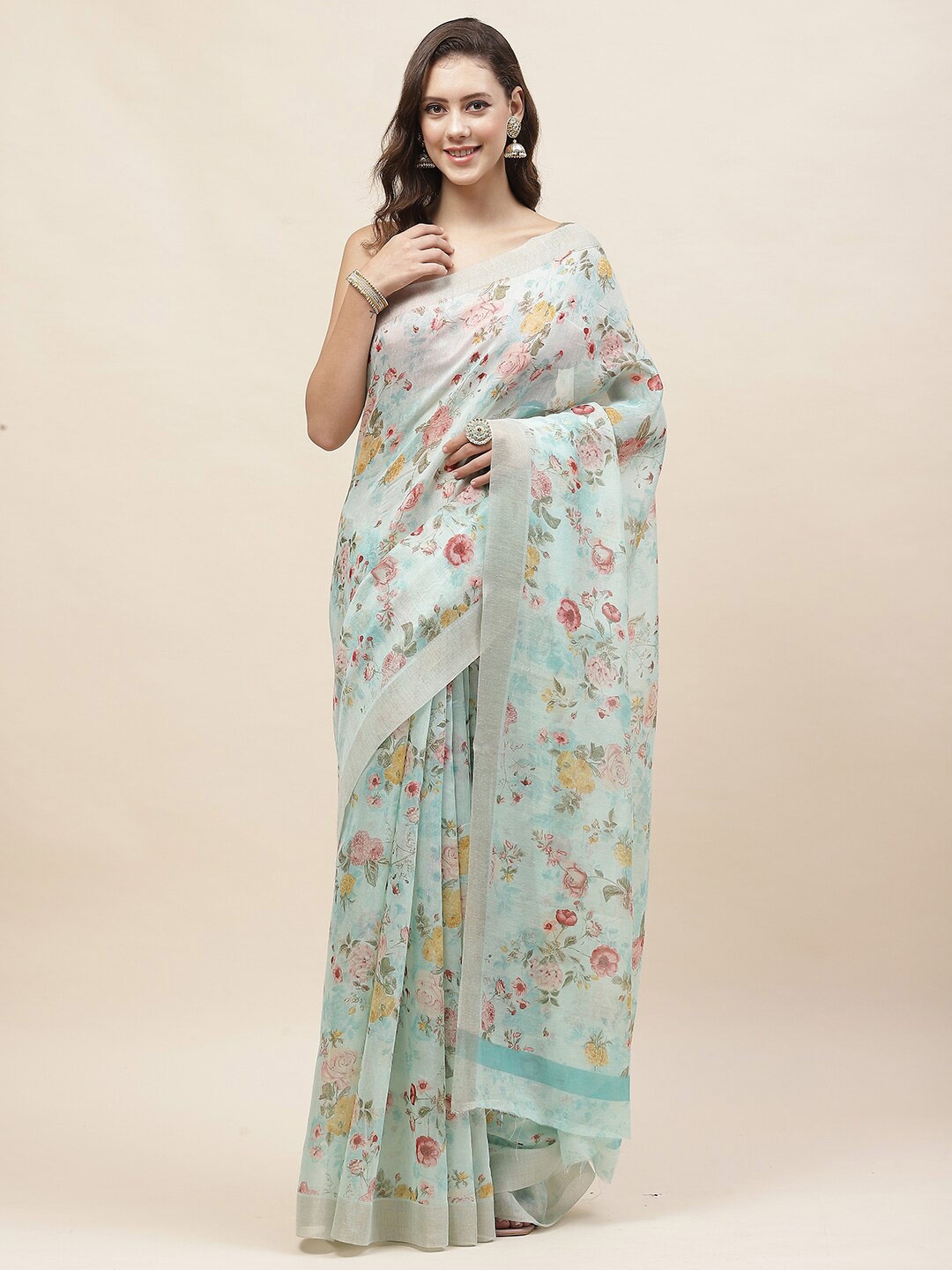 

Meena Bazaar Floral Printed Saree, Sea green