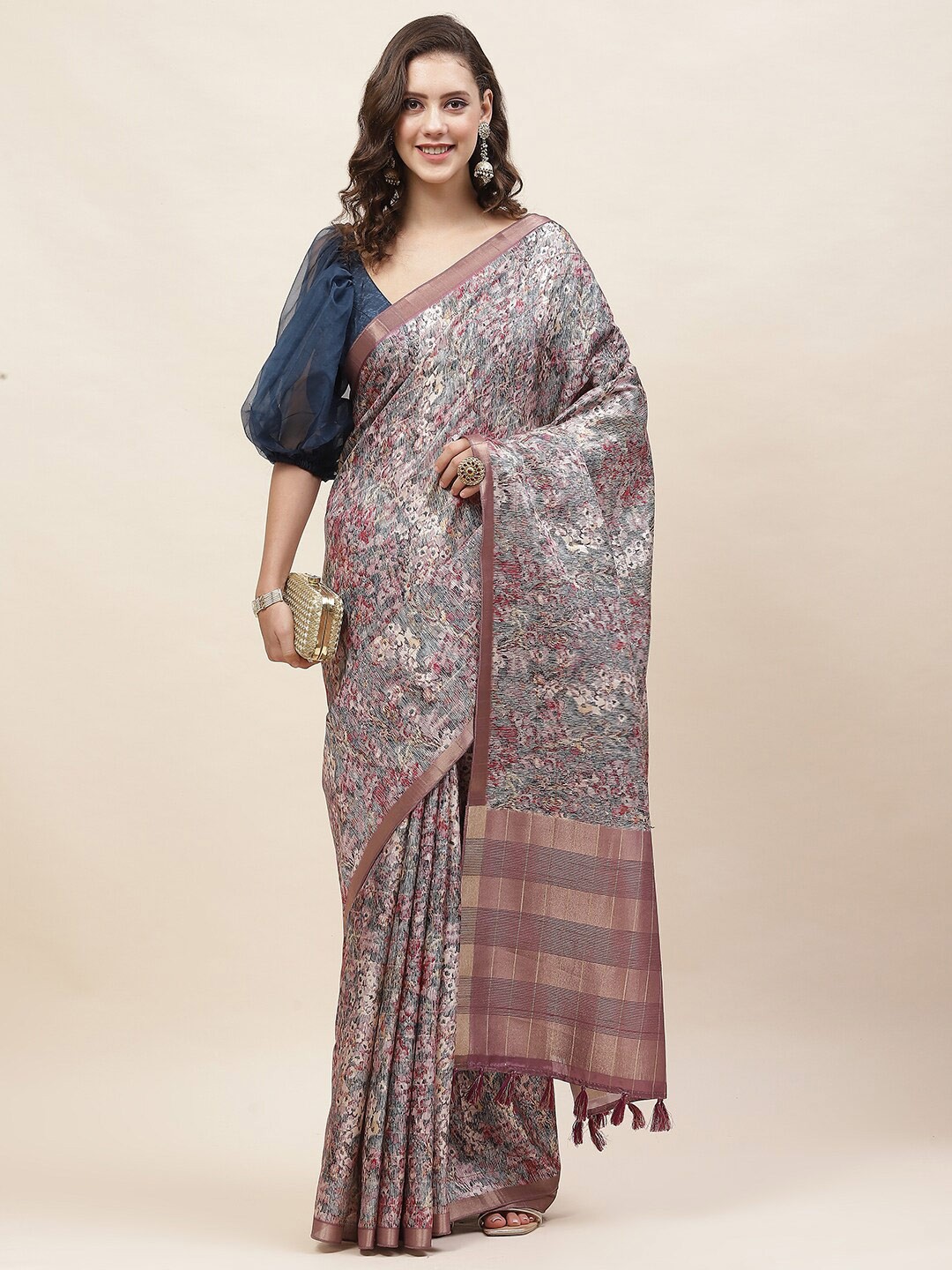

Meena Bazaar Floral Printed Zari Saree, Grey