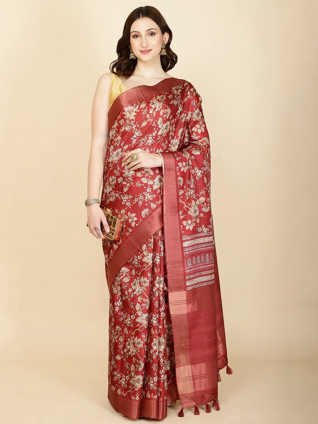 

Meena Bazaar Floral Printed Zari Art Silk Saree, Maroon