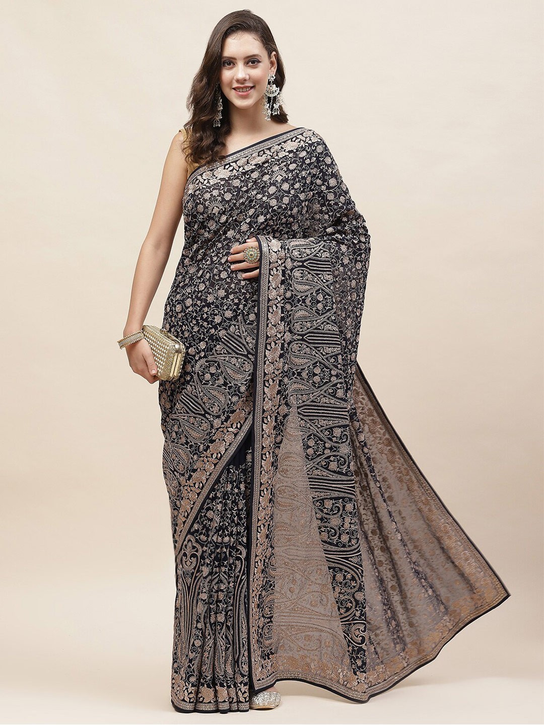 

Meena Bazaar Floral Printed Saree, Navy blue