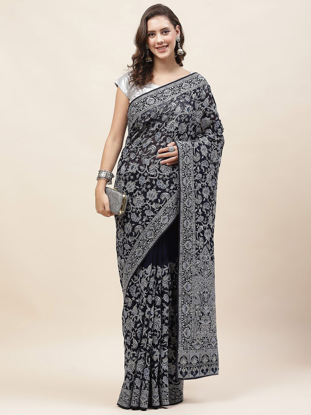 

Meena Bazaar Floral Embroidered Saree, Navy blue
