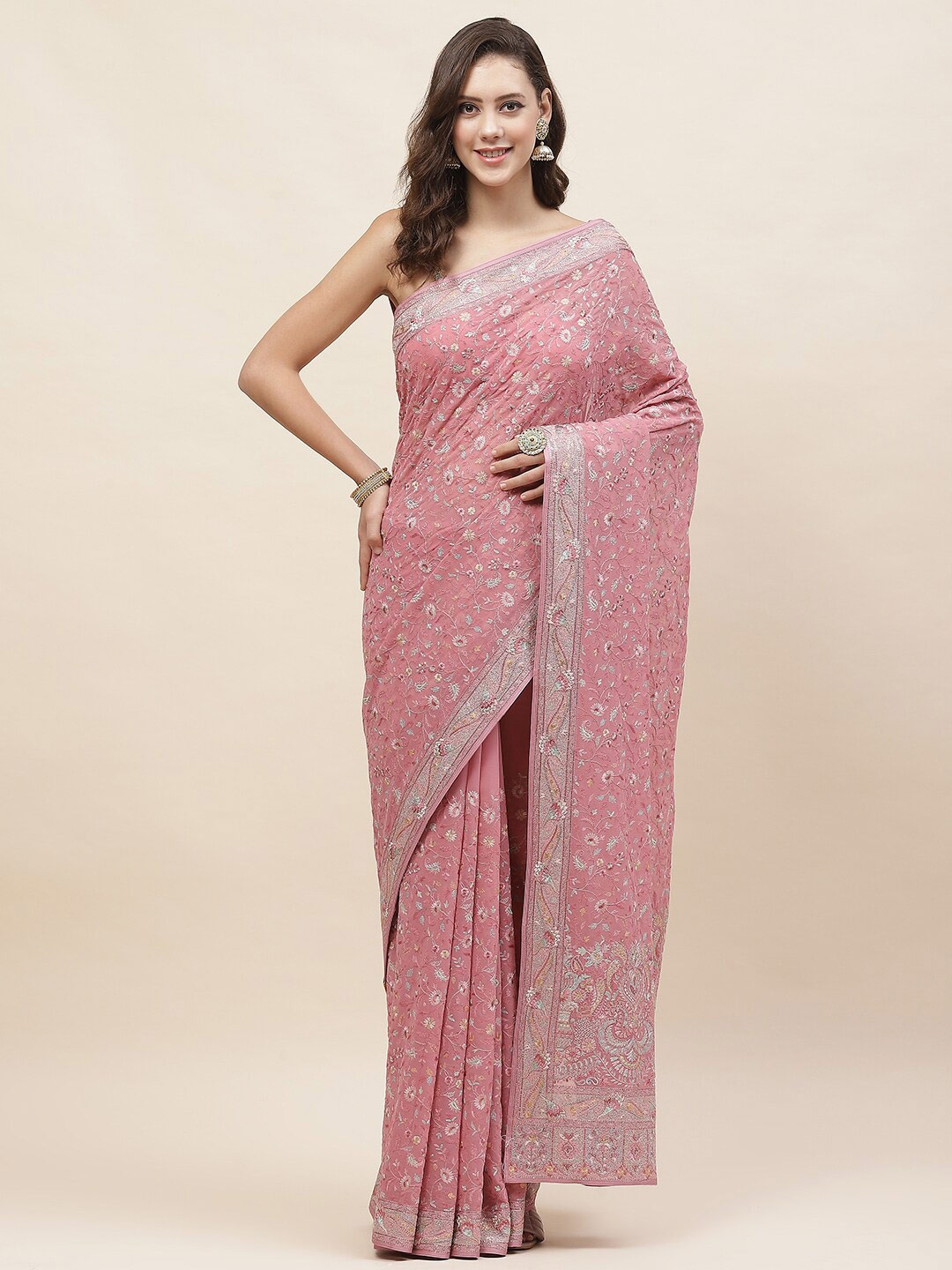 

Meena Bazaar Floral Embroidered Saree, Pink