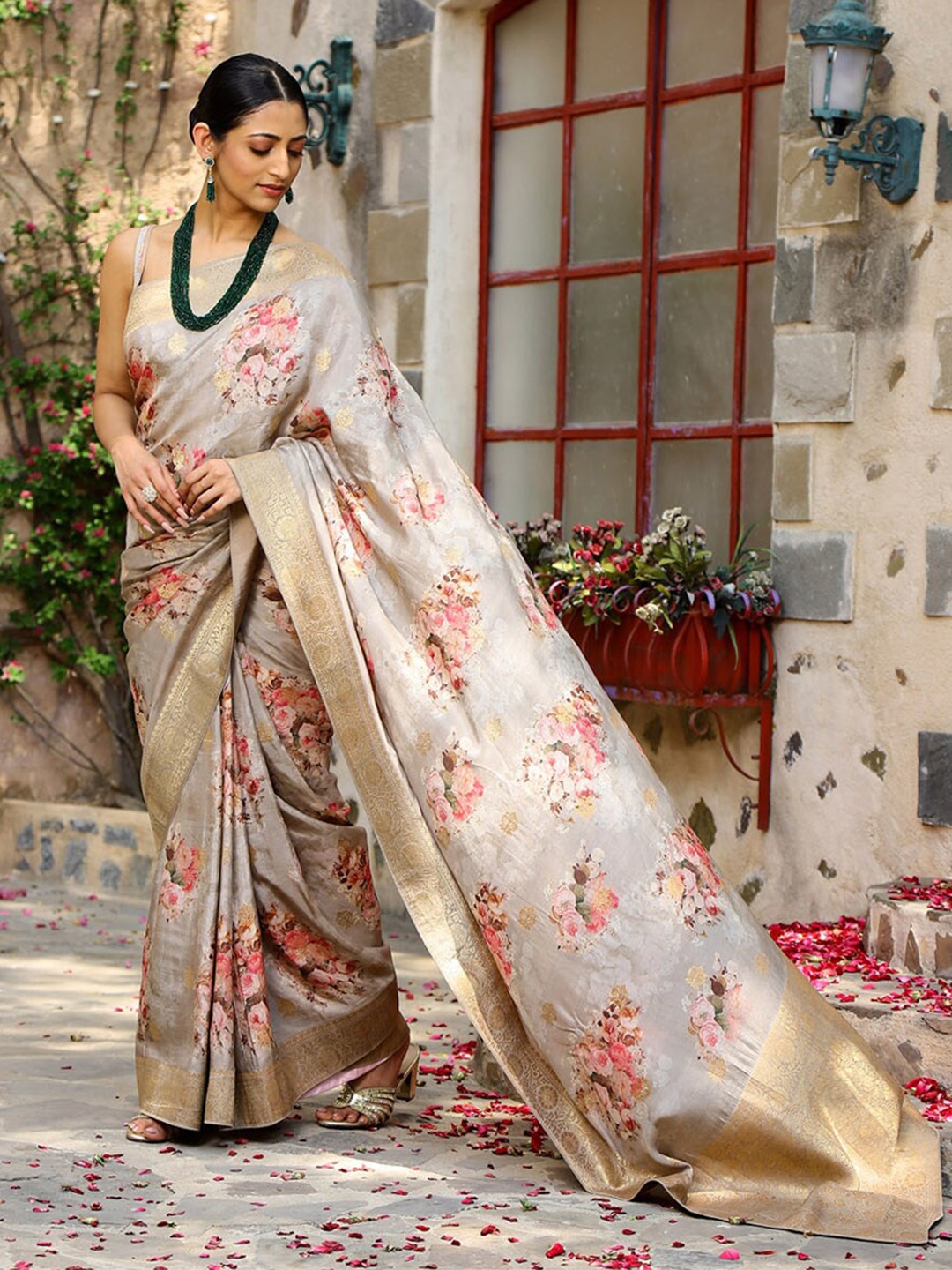 

Meena Bazaar Floral Printed Zari Art Silk Saree, Beige