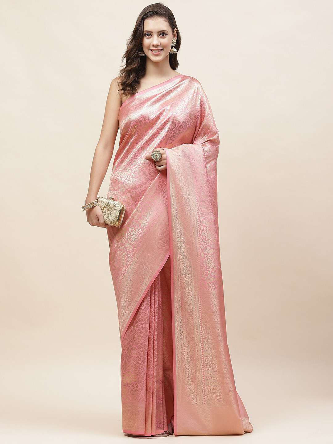 

Meena Bazaar Ethnic Motifs Woven Design Zari Banarasi Saree, Pink