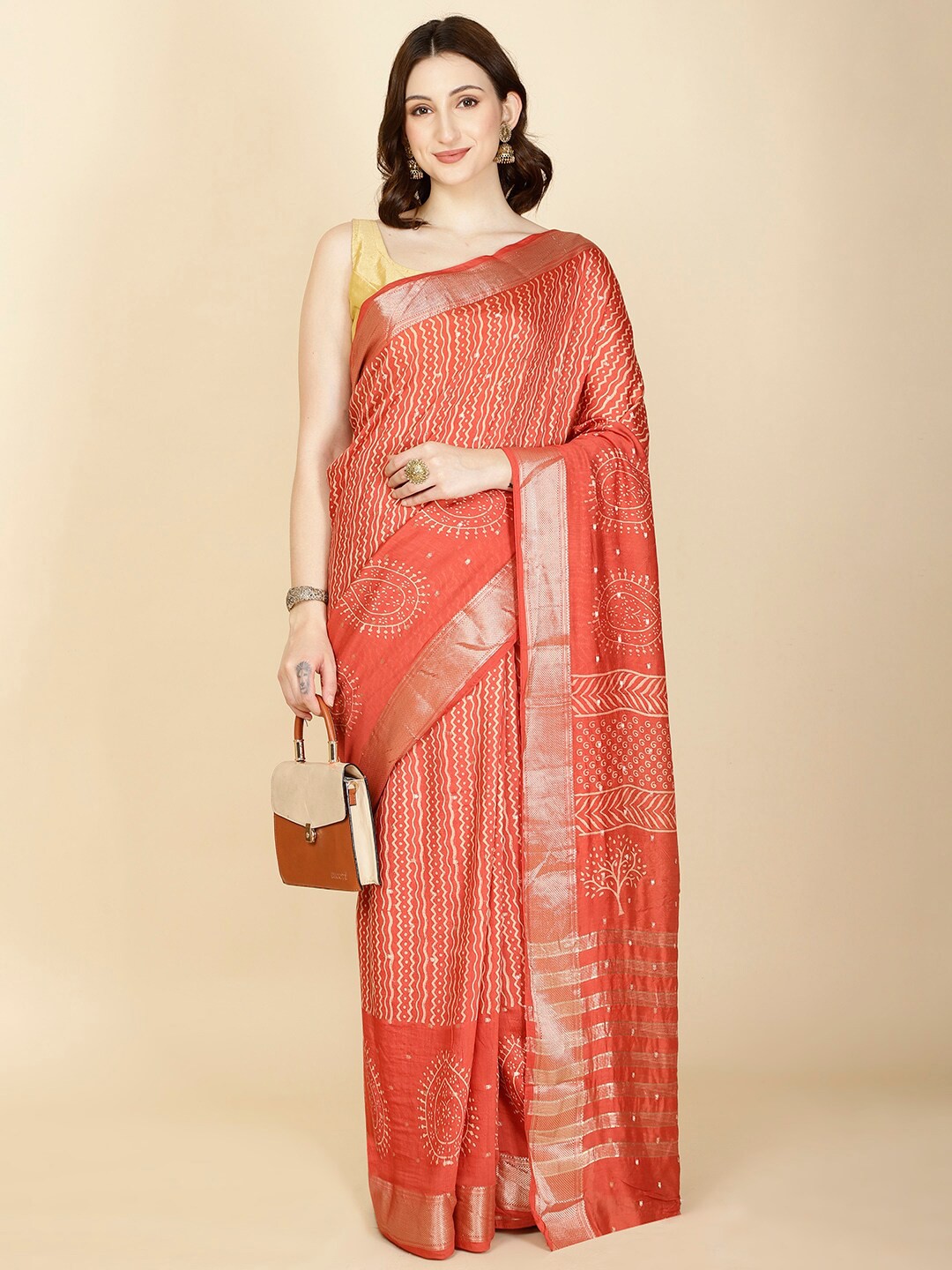 

Meena Bazaar Ethnic Motifs Printed Woven Design Zari Saree, Red
