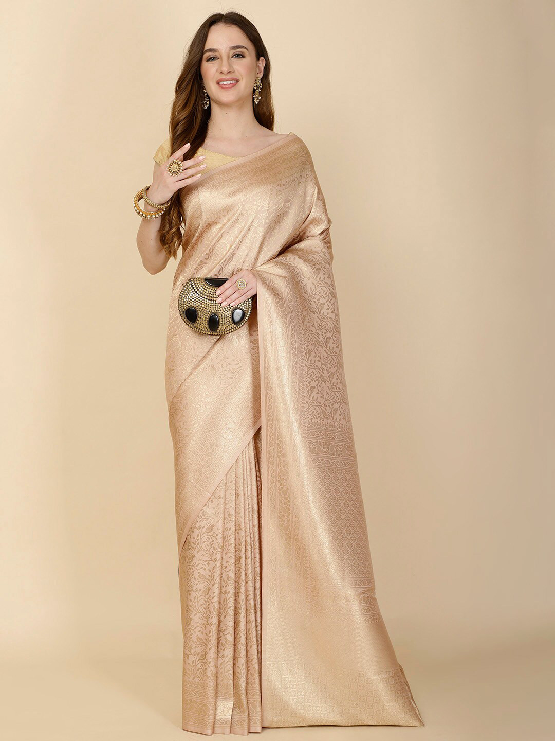 

Meena Bazaar Ethnic Motifs Woven Design Zari Banarasi Saree, Beige