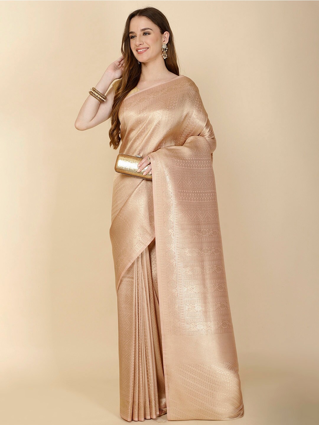 

Meena Bazaar Ethnic Motifs Woven Design Zari Banarasi Saree, Beige