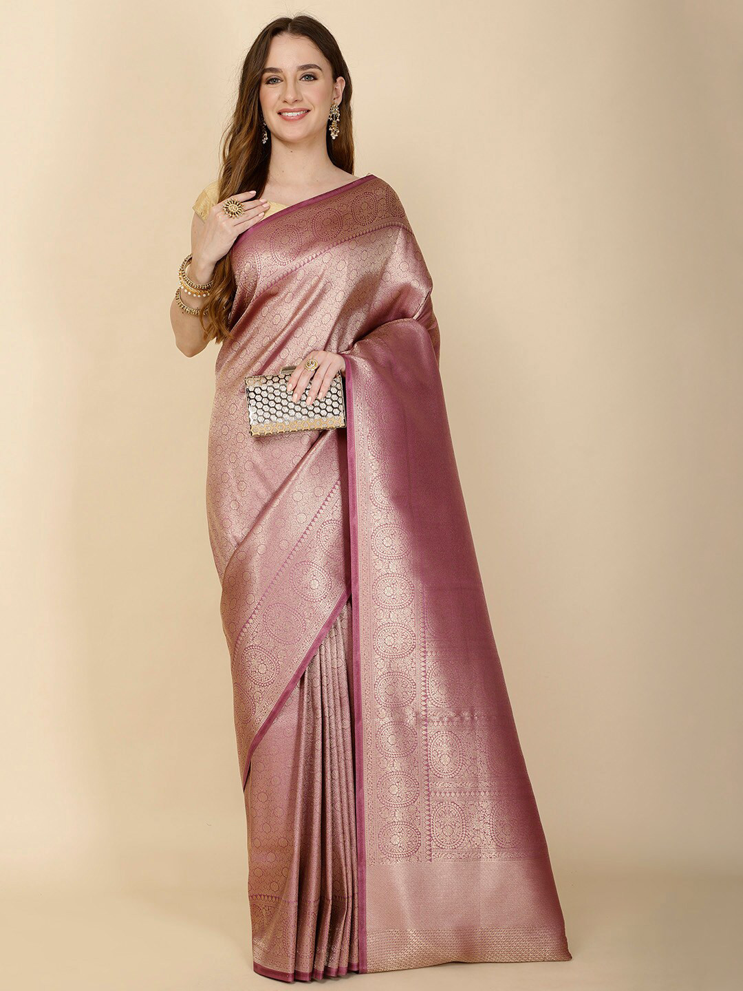 

Meena Bazaar Ethnic Motifs Woven Design Zari Art Silk Banarasi Saree, Purple