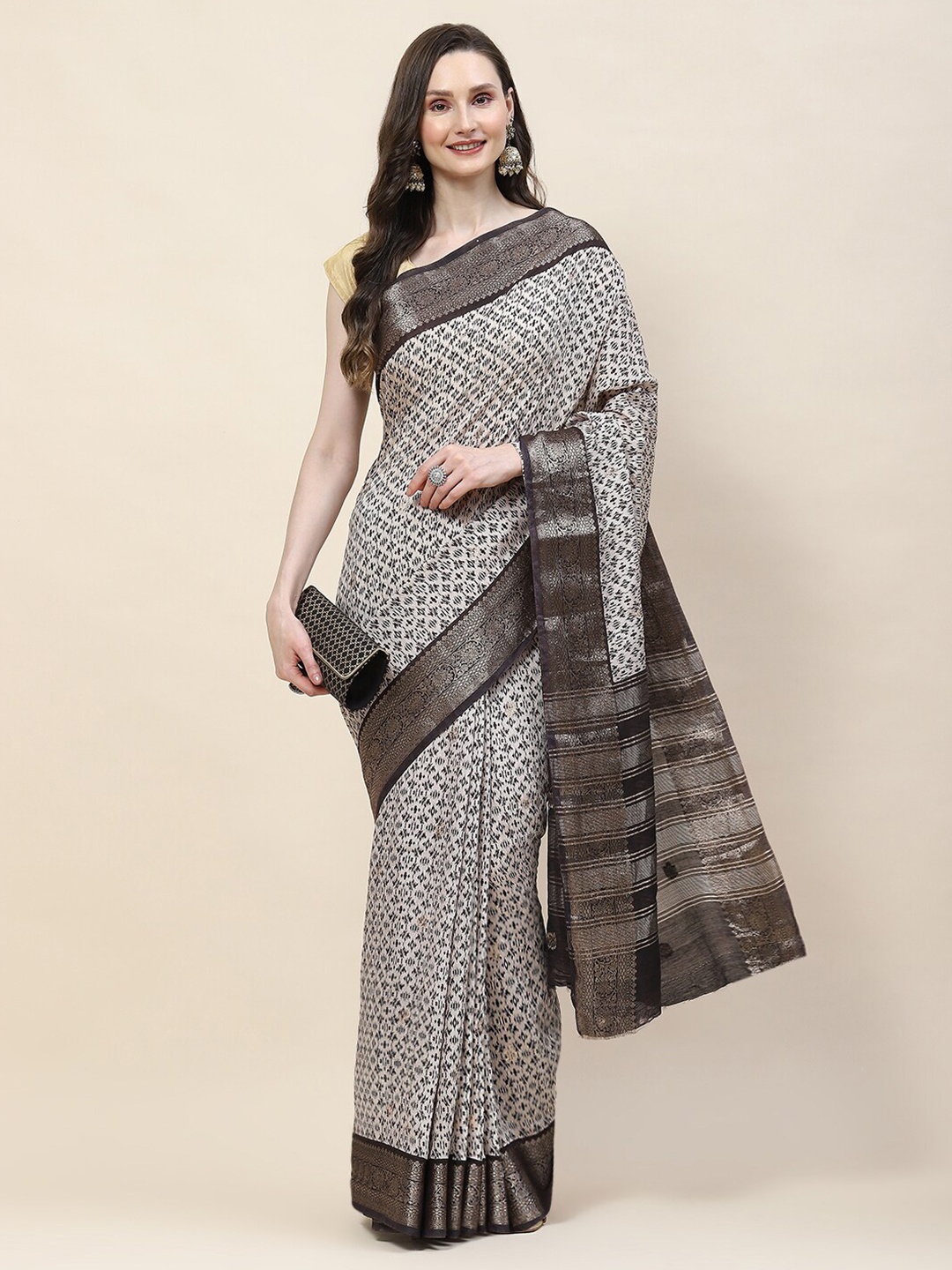 

Meena Bazaar Abstract Printed Saree, Cream