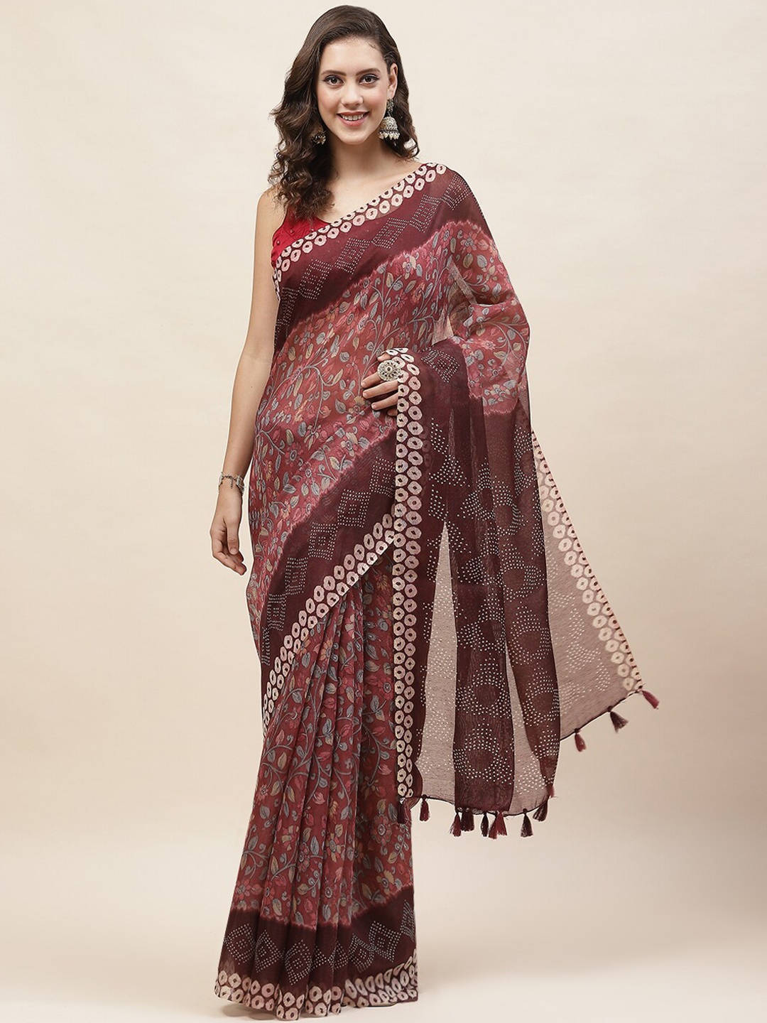 

Meena Bazaar Floral Printed Saree, Maroon