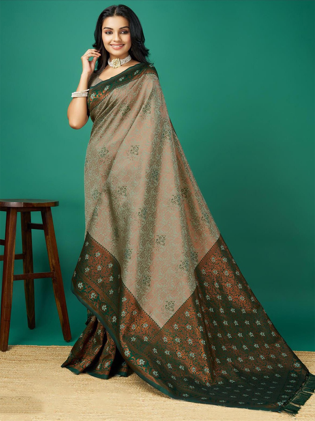 

Meena Bazaar Floral Woven Design Art Silk Saree, Green