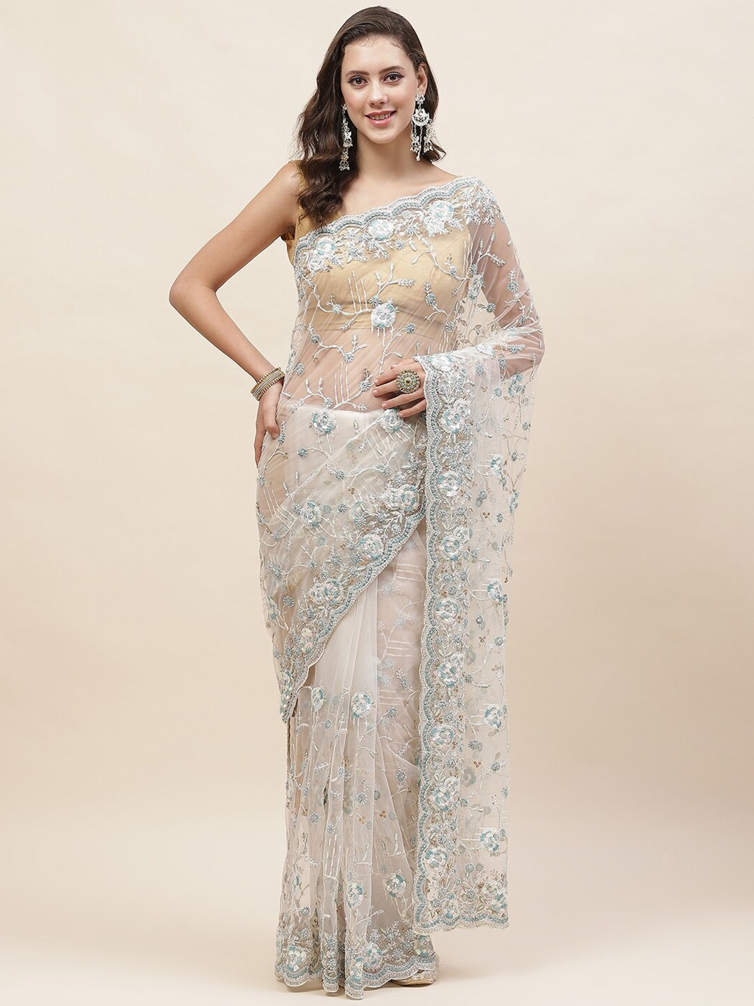 

Meena Bazaar Floral Embroidered Net Saree, Cream