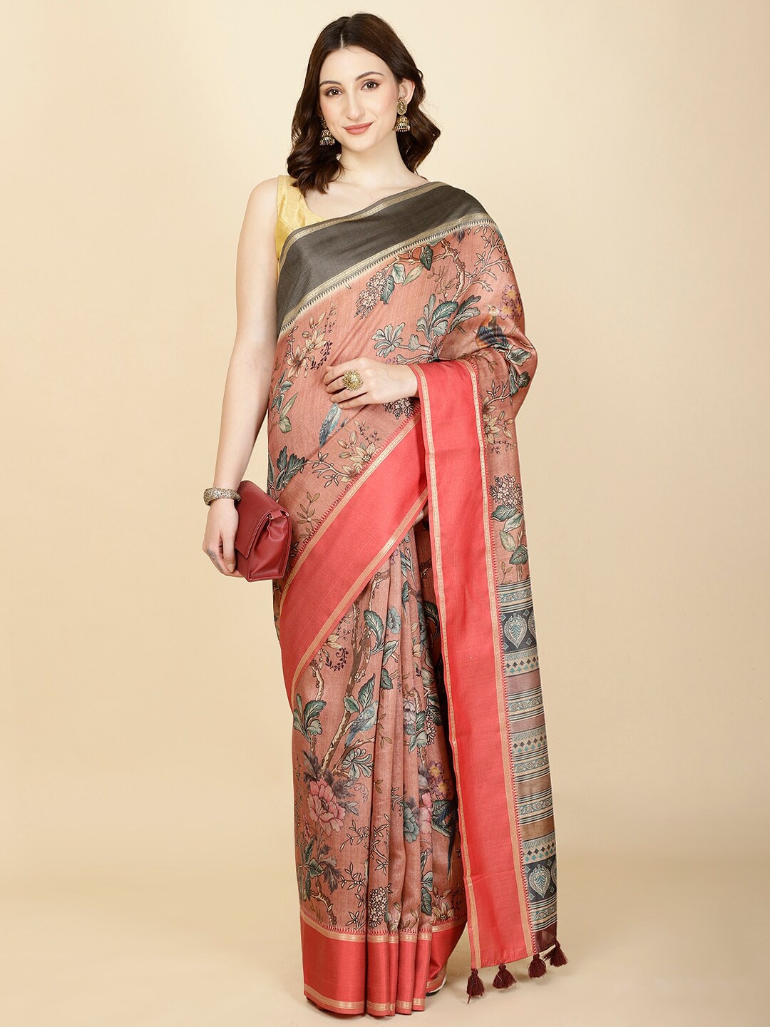 

Meena Bazaar Floral Printed Zari Saree, Peach