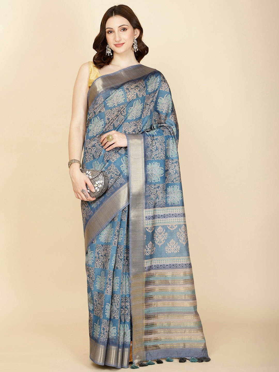 

Meena Bazaar Paisley Printed Zari Saree, Blue