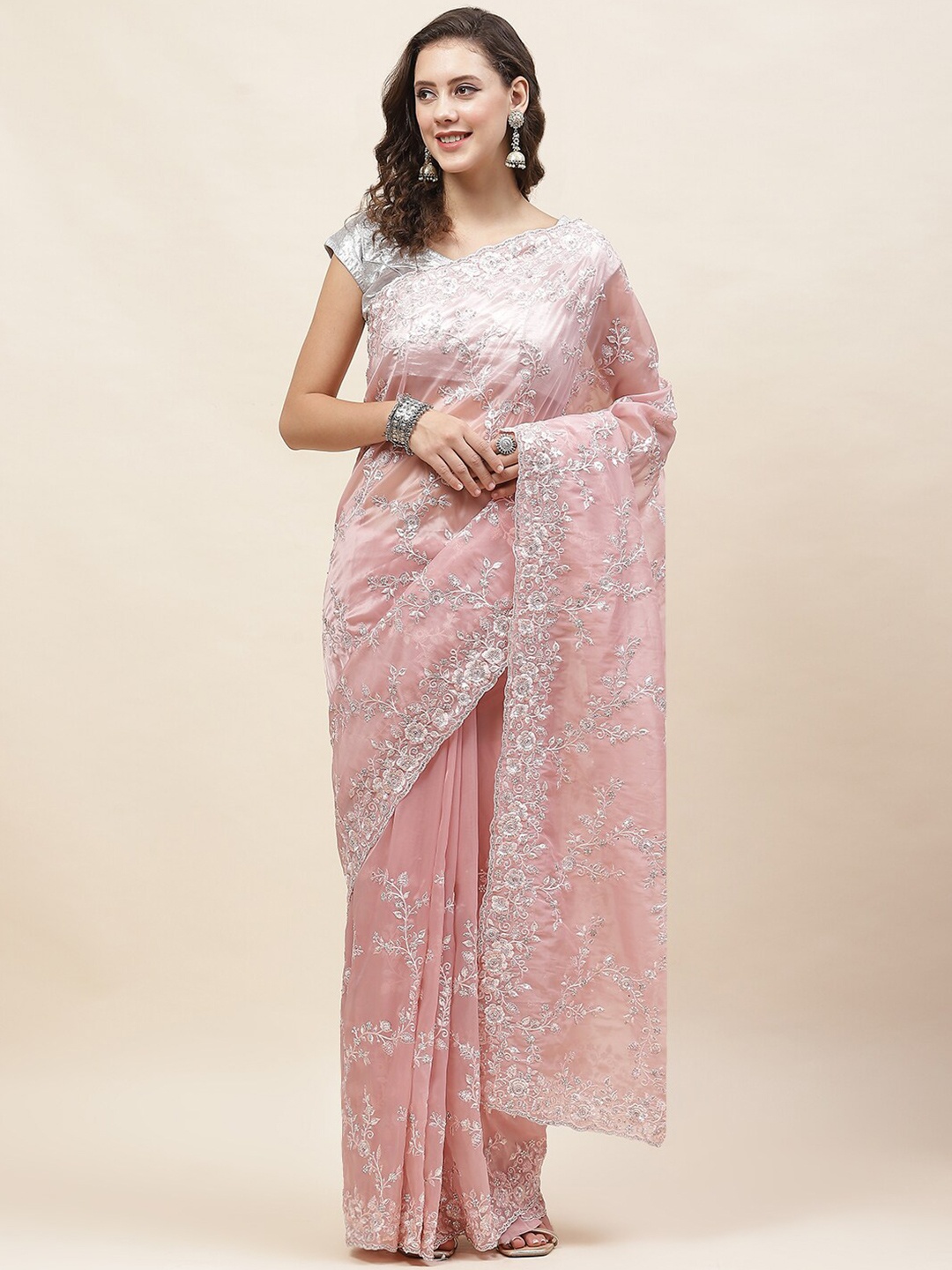 

Meena Bazaar Embellished Sequinned Organza Saree, Pink