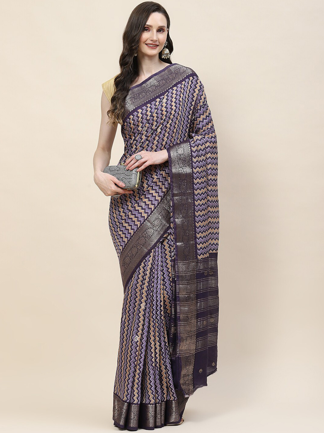 

Meena Bazaar Geometric Printed Zari Saree, Purple
