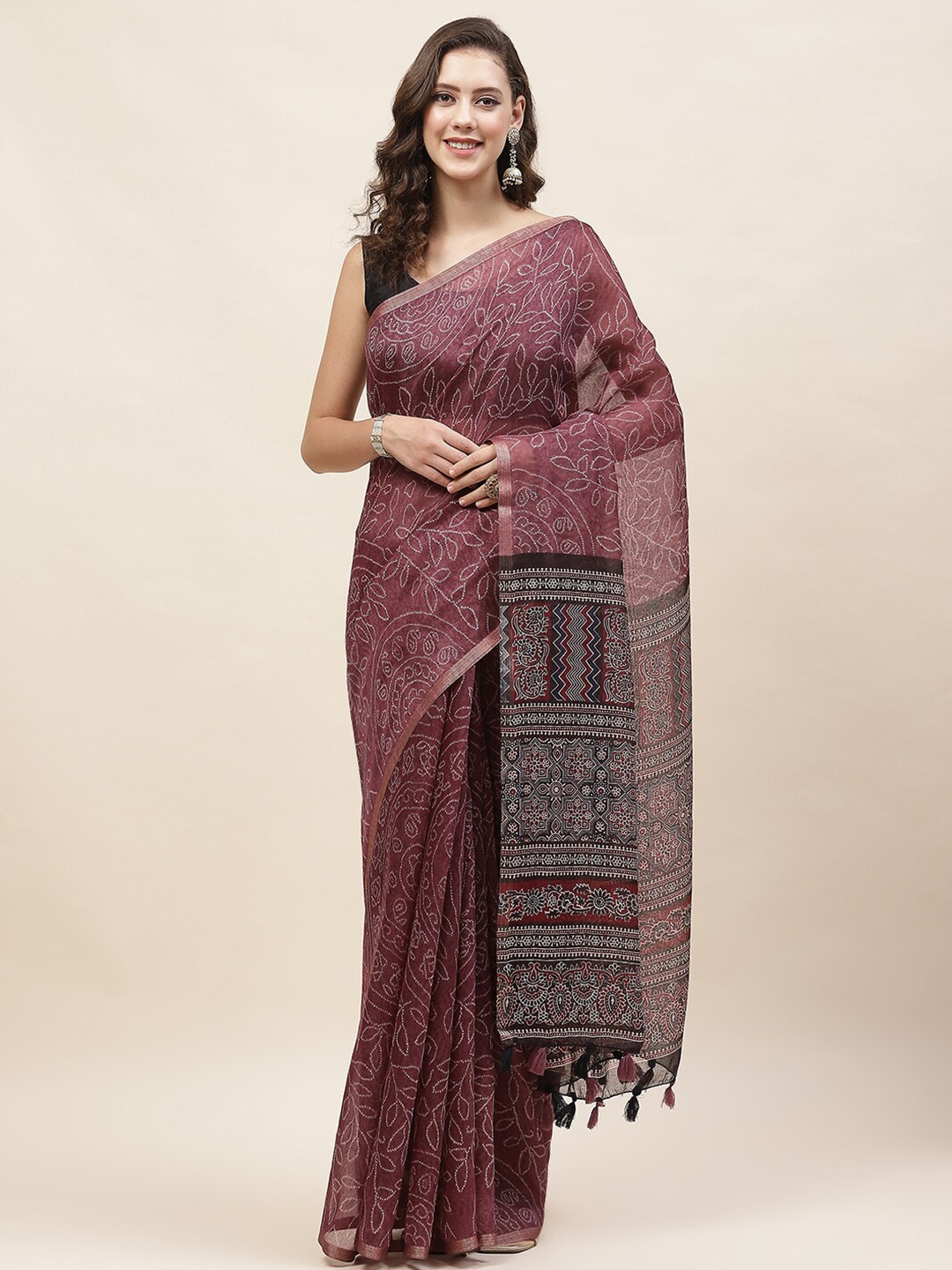 

Meena Bazaar Bandhani Printed Woven Design Zari Saree, Purple
