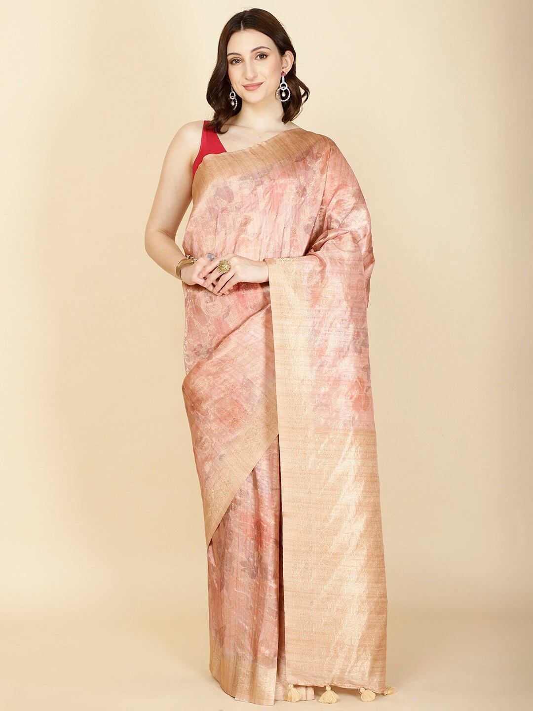 

Meena Bazaar Floral Printed Woven Design Zari Art Silk Saree, Peach