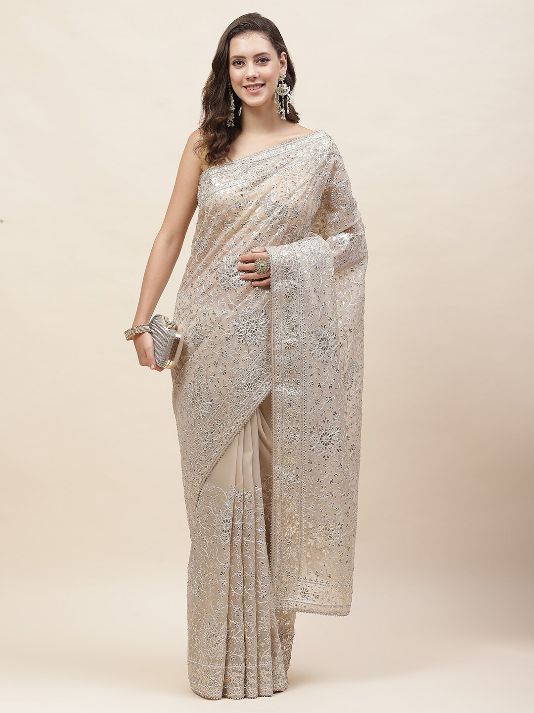 

Meena Bazaar Floral Embroidered Sequinned Organza Saree, Beige