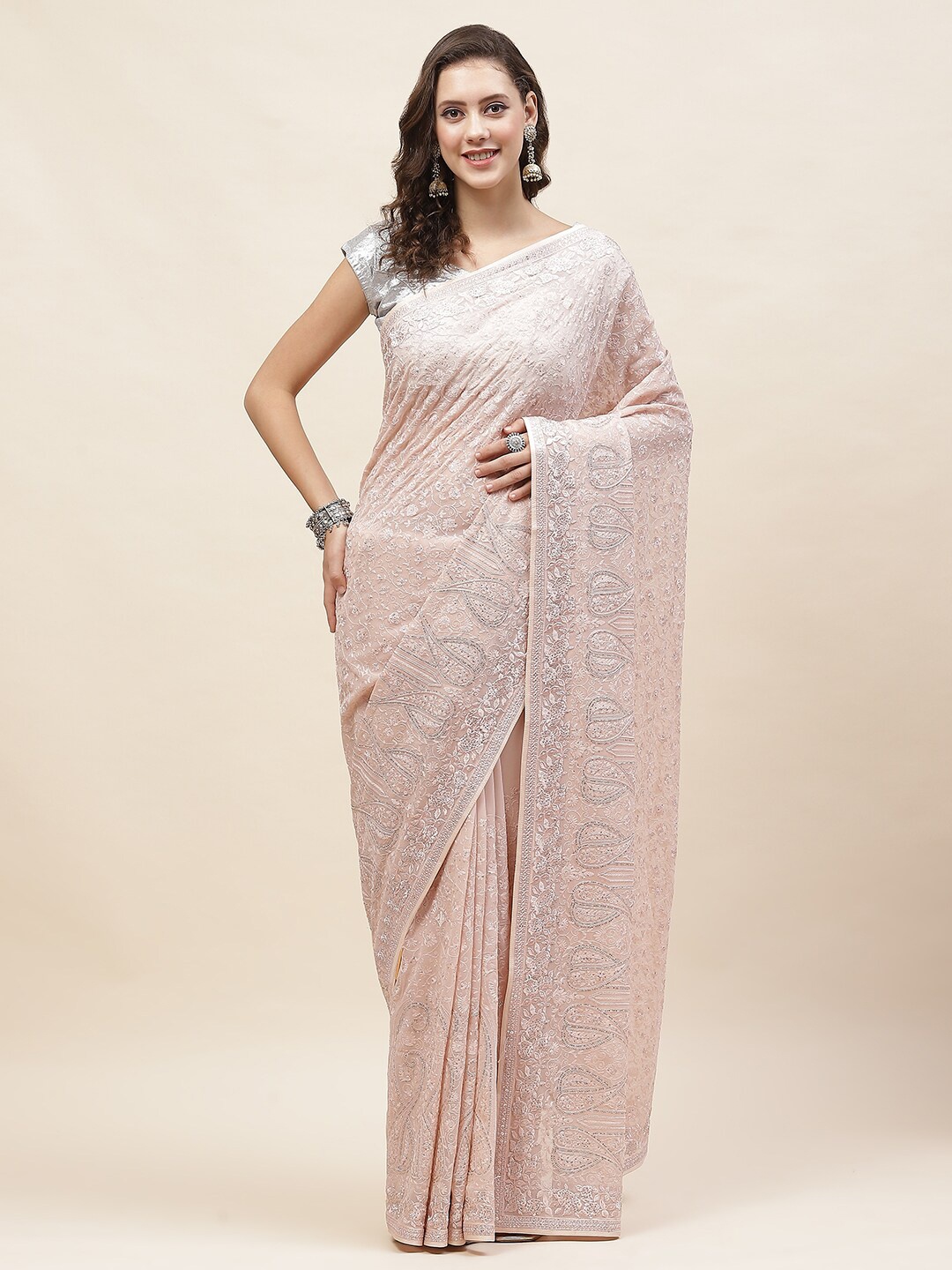 

Meena Bazaar Floral Embroidered Saree, Peach
